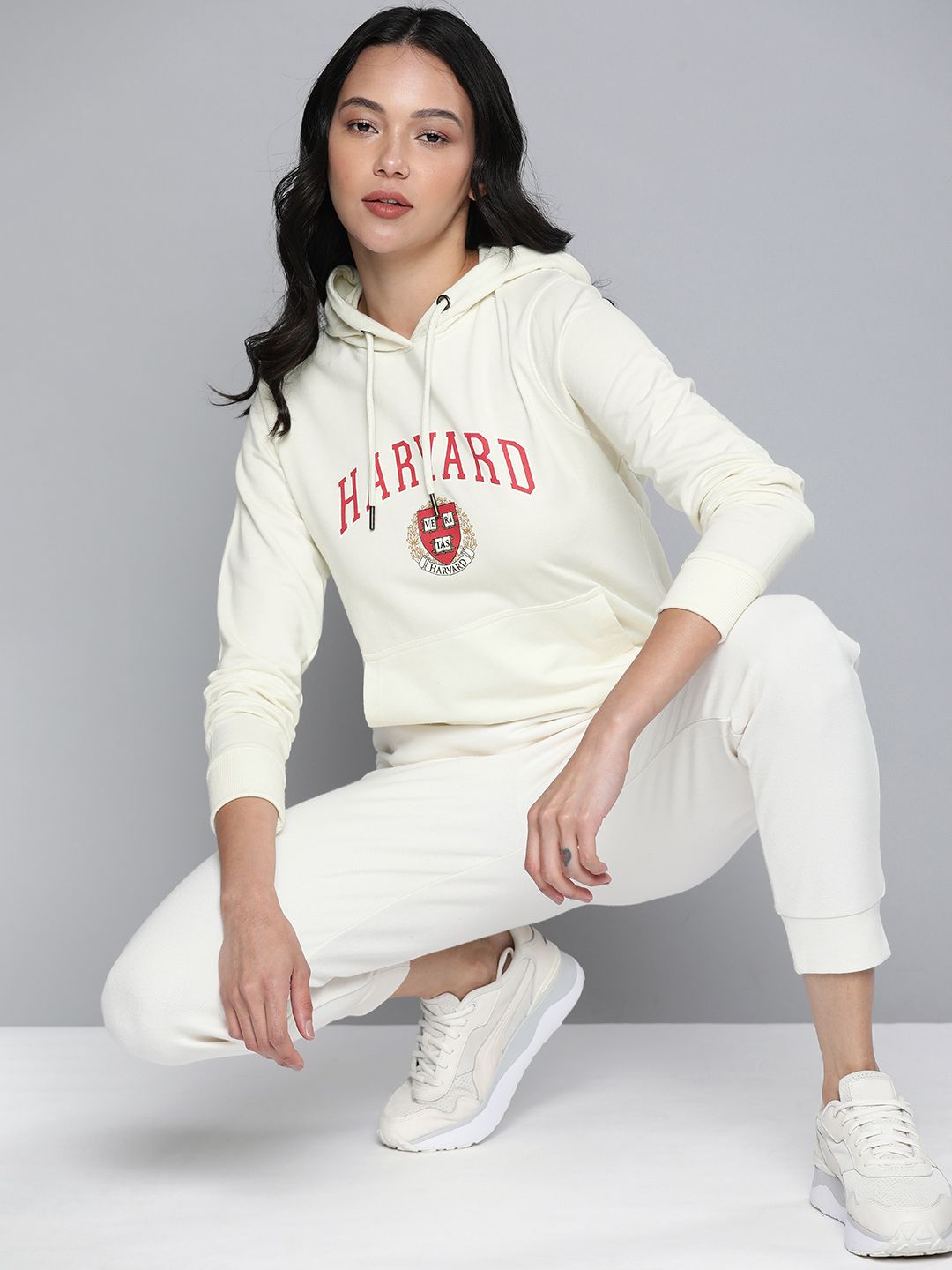 Harvard Women White Brand Logo Printed Hooded Sweatshirt Price in India