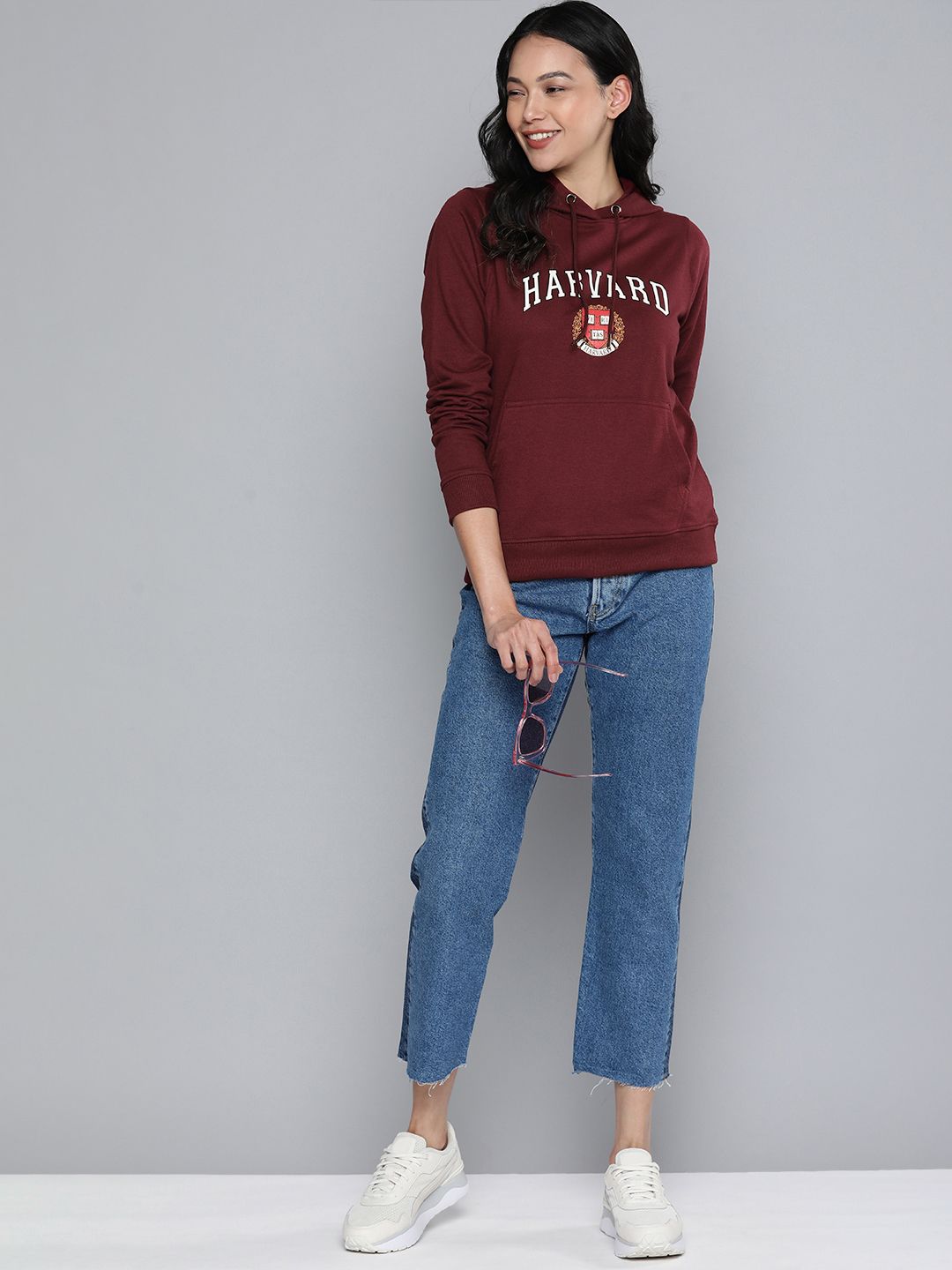 Harvard Women Maroon Brand logo Printed Hooded Sweatshirt Price in India