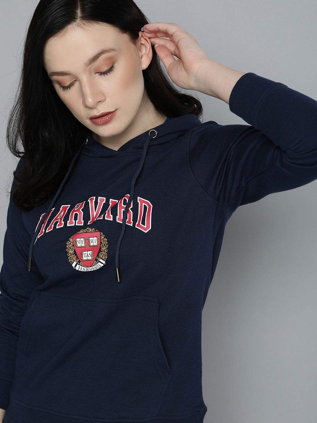 Harvard Women Navy Blue Printed Hooded Sweatshirt Price in India
