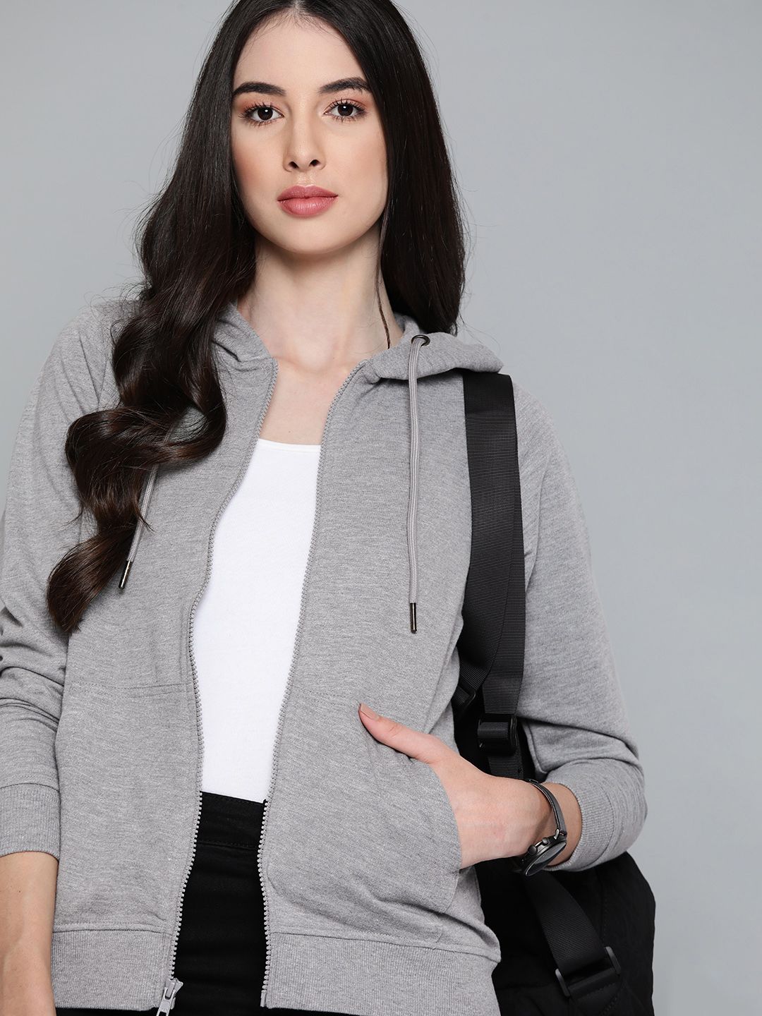 Harvard Women Grey Melange Hooded Sweatshirt Price in India