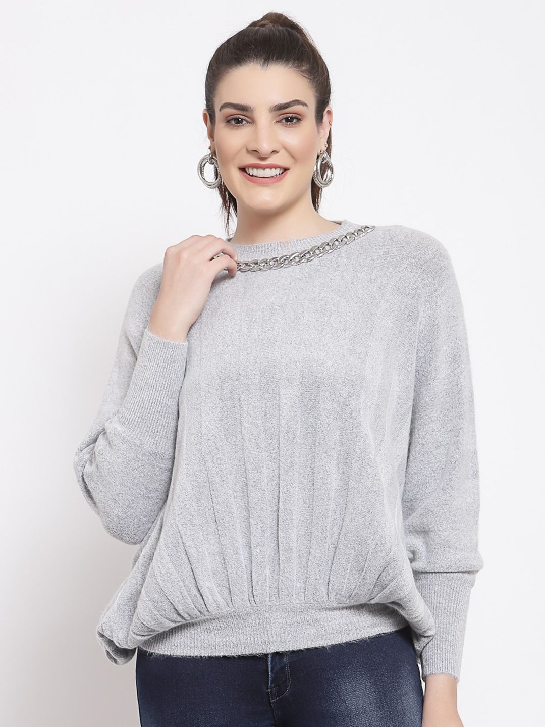 Mafadeny Women Grey Solid Pullover Sweater Price in India