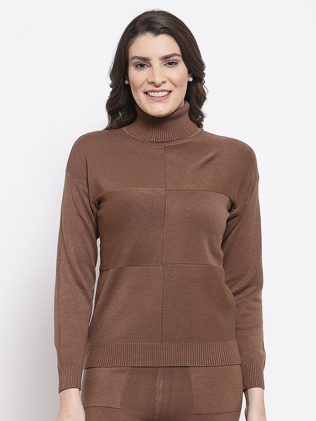 Mafadeny Women Brown Checked Turtle Neck Pullover Sweater Price in India