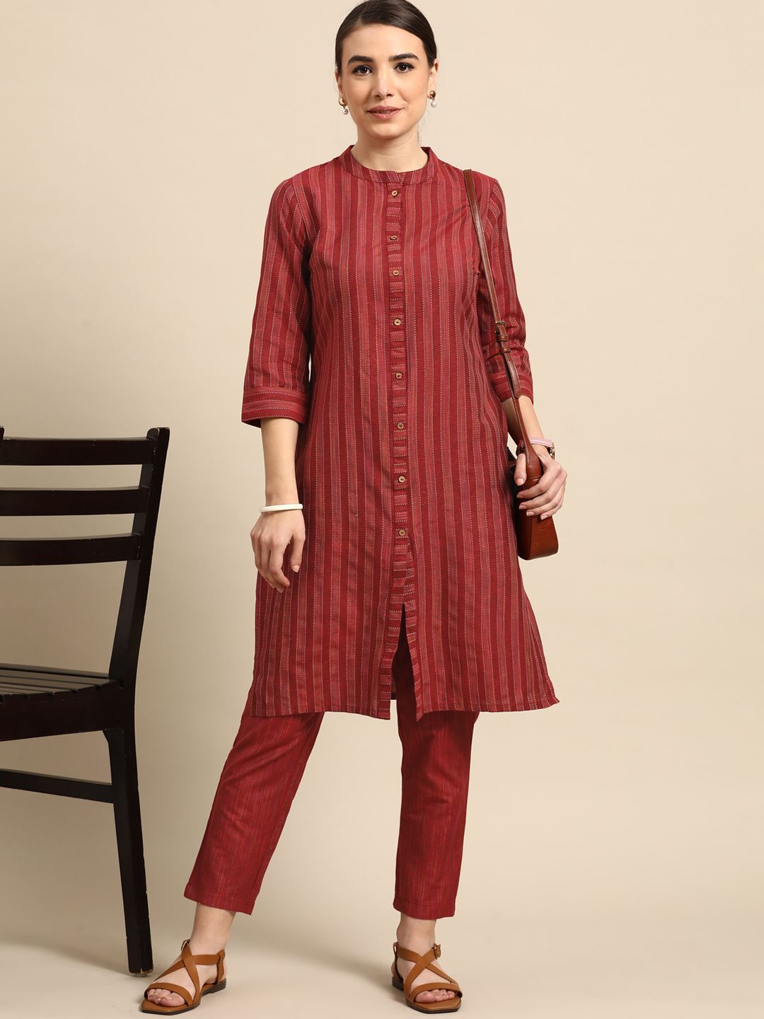 Anouk Women Maroon Striped Kantha Work Yarn Dyed Kurta with Trousers Price in India