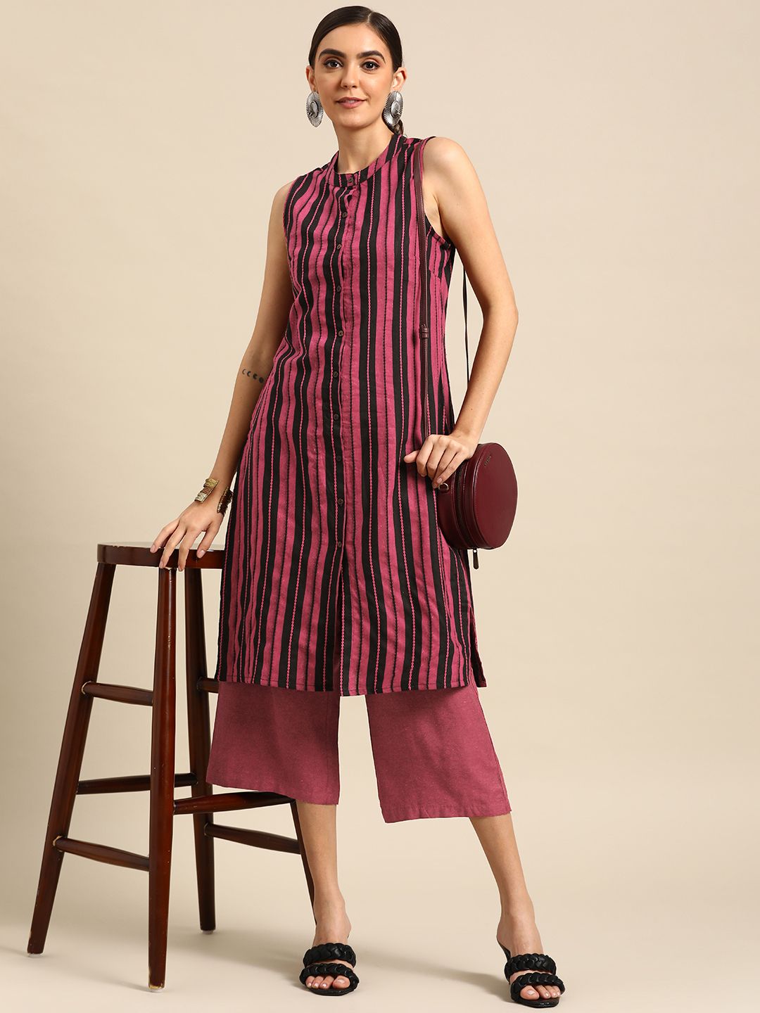 Anouk Women Pink & Black Striped Yarn Dyed Kurta with Palazzos Price in India