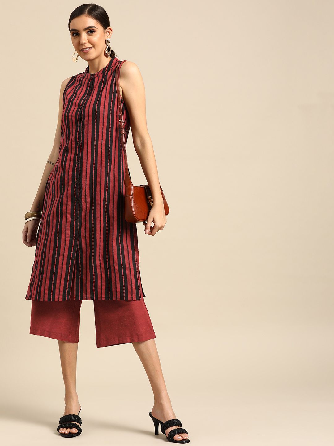 Anouk Women Maroon Yarn Dyed Kurta with Palazzos