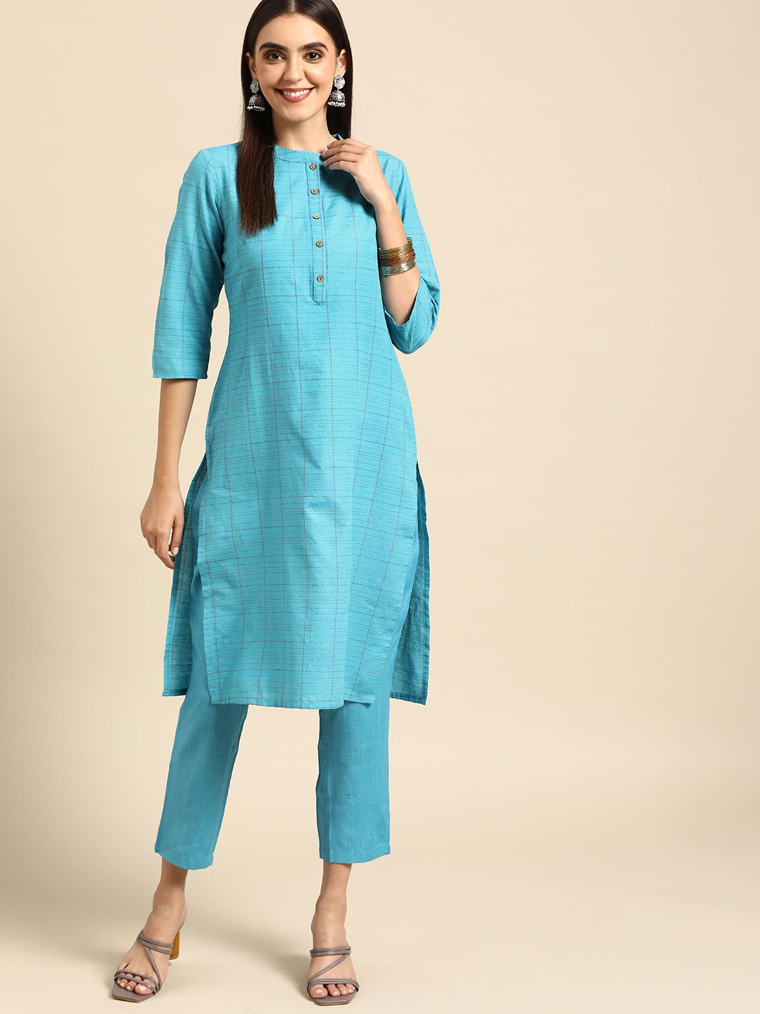 Anouk Women Blue Kurta with Yarn Dyed Trousers Price in India