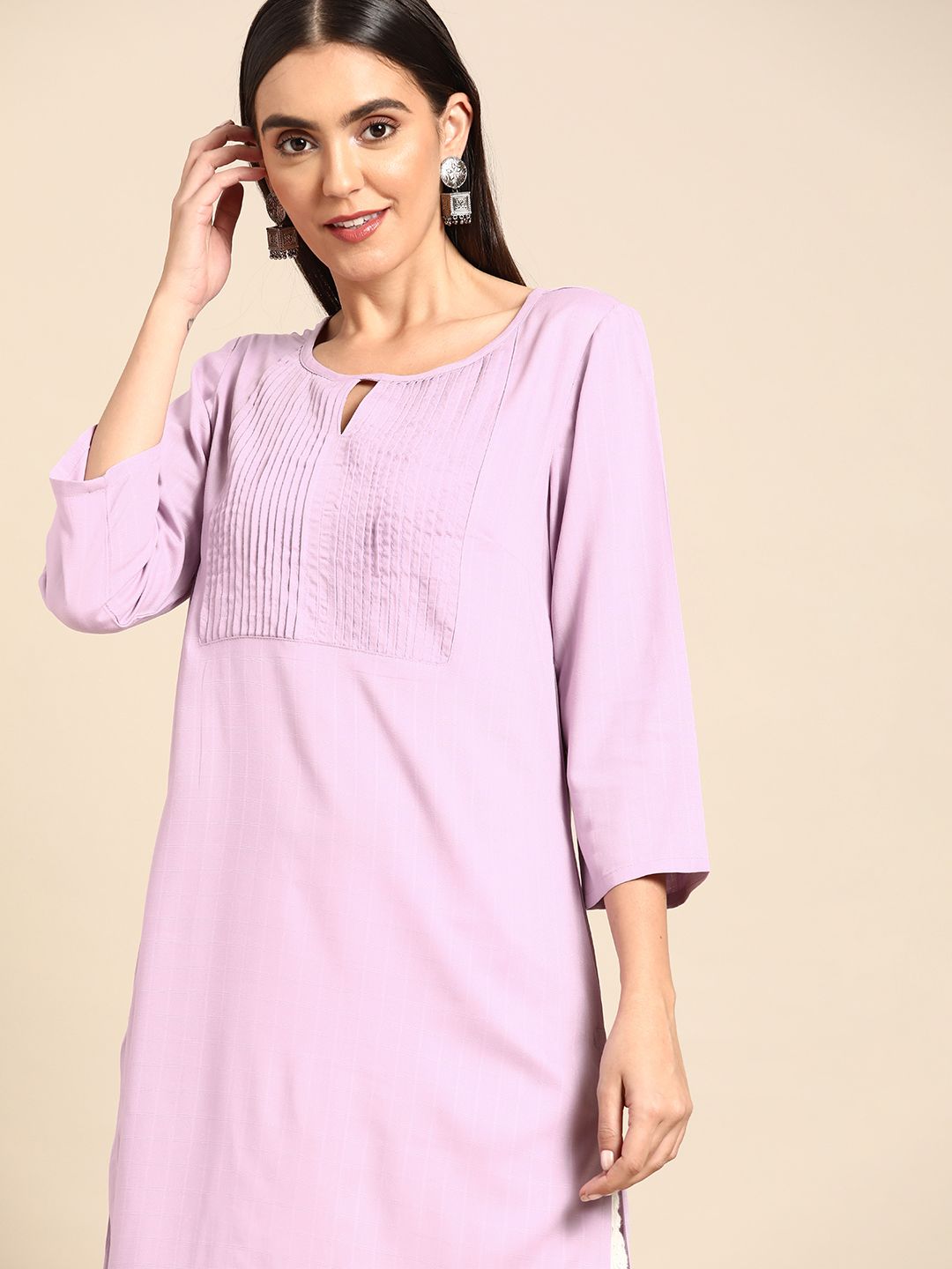 Anouk Women Lavender Solid Pleated Yarn Dyed Kurta Price in India