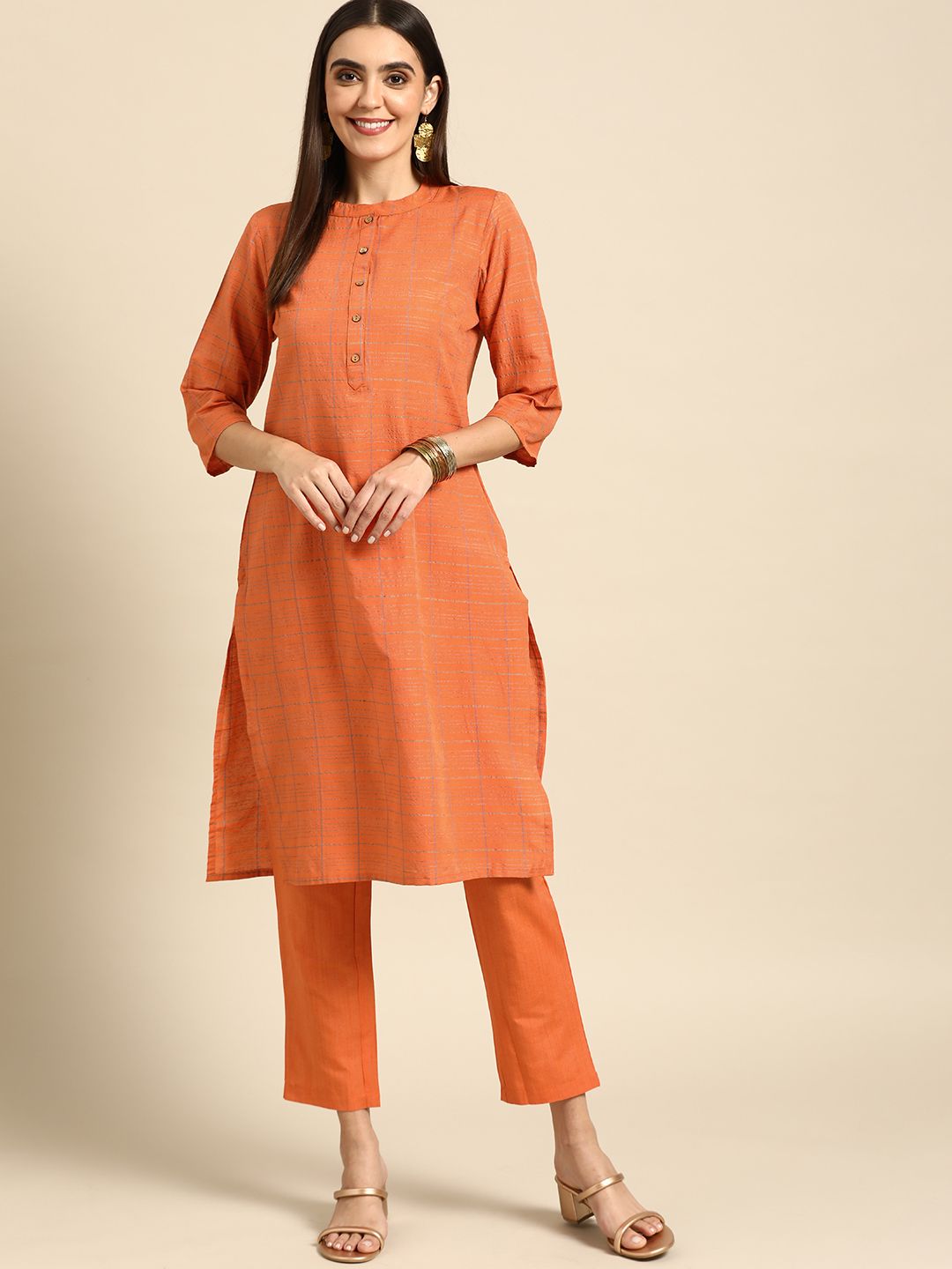 Anouk Women Orange Kurta with Yarn Dyed Trousers Price in India