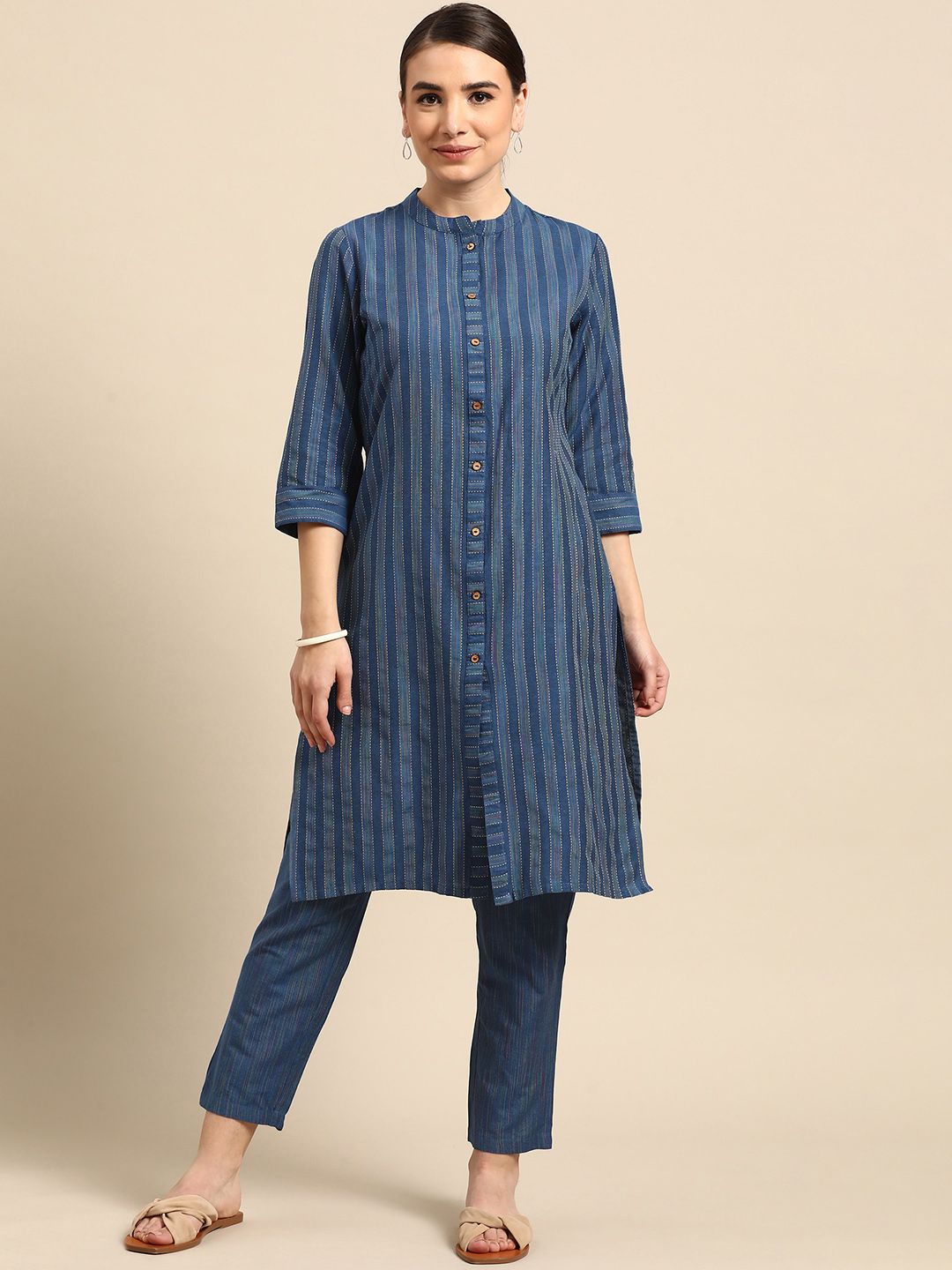 Anouk Women Blue Striped Kantha Work Yarn Dyed Kurta with Trousers Price in India