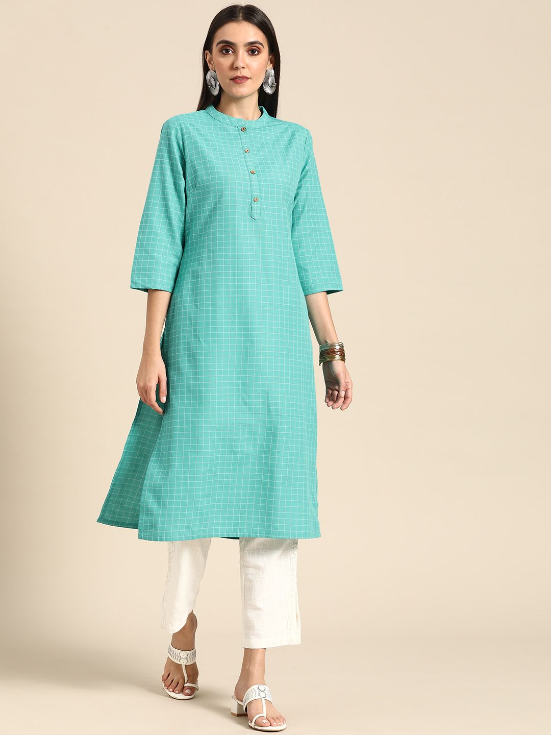 Anouk Women Sea Green & White Checked Yarn-Dyed Straight Kurta Price in India