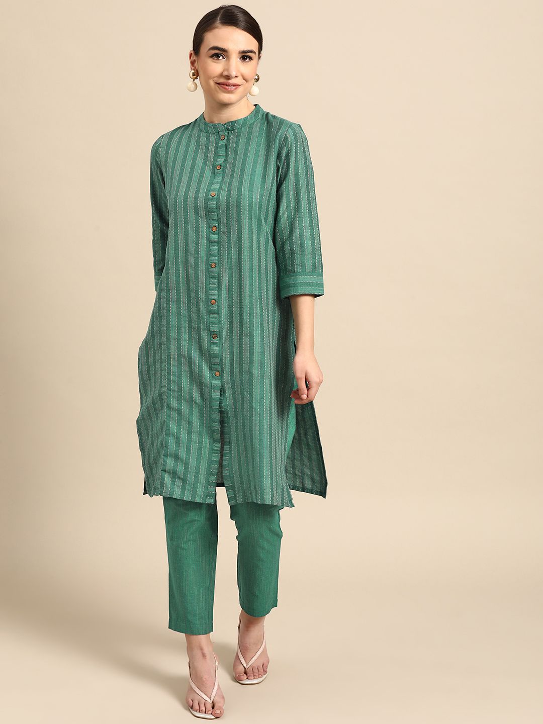 Anouk Women Green Striped Kantha Work Yarn Dyed Kurta with Trousers Price in India