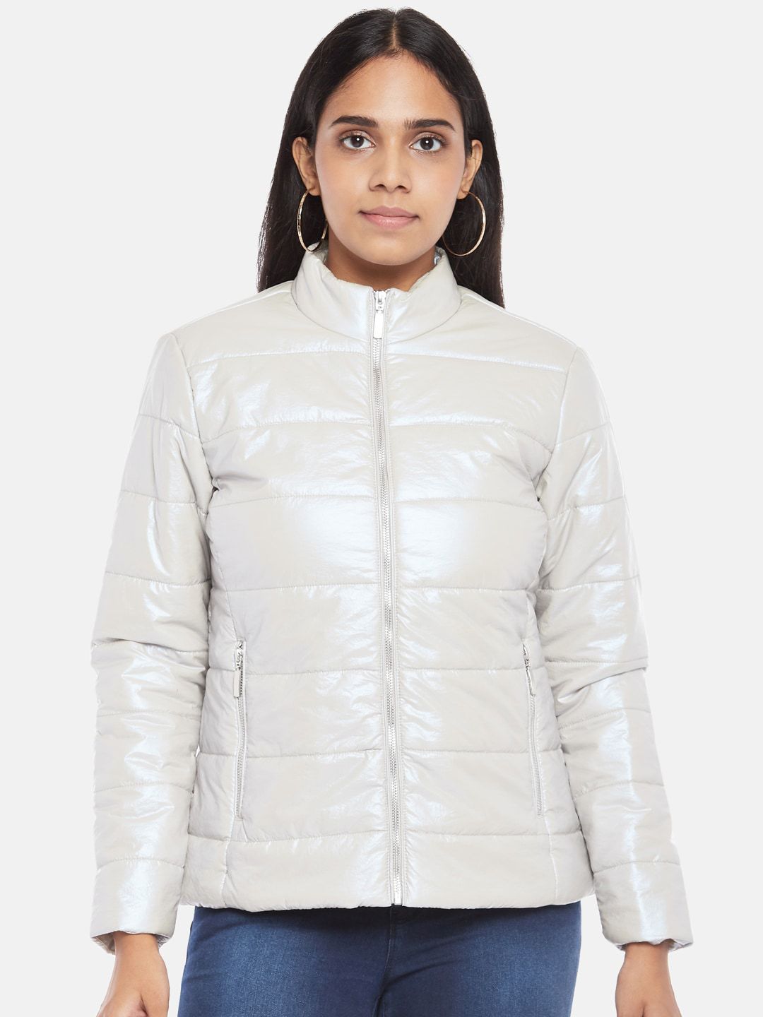 Honey by Pantaloons Women Silver-Toned Crop Puffer Jacket Price in India
