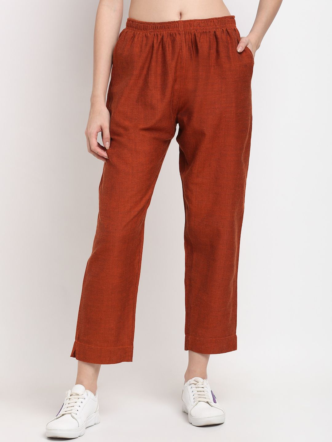 NEUDIS Women Rust Pure Cotton Cropped Trousers Price in India
