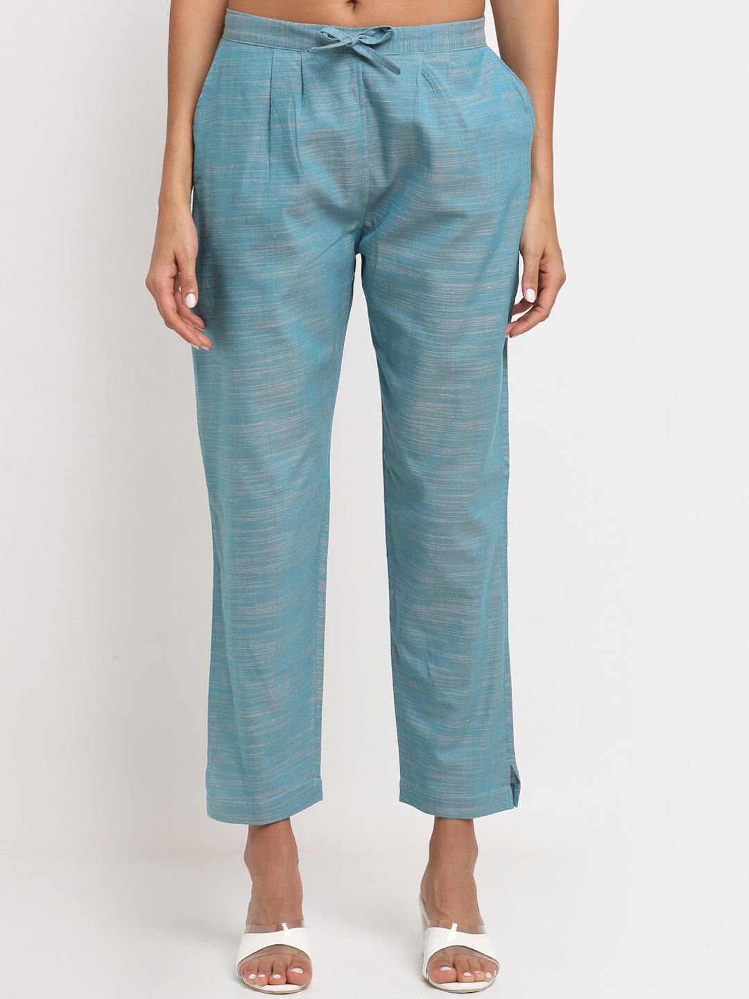 NEUDIS Women Turquoise Blue Pleated Cigerette Trousers Price in India