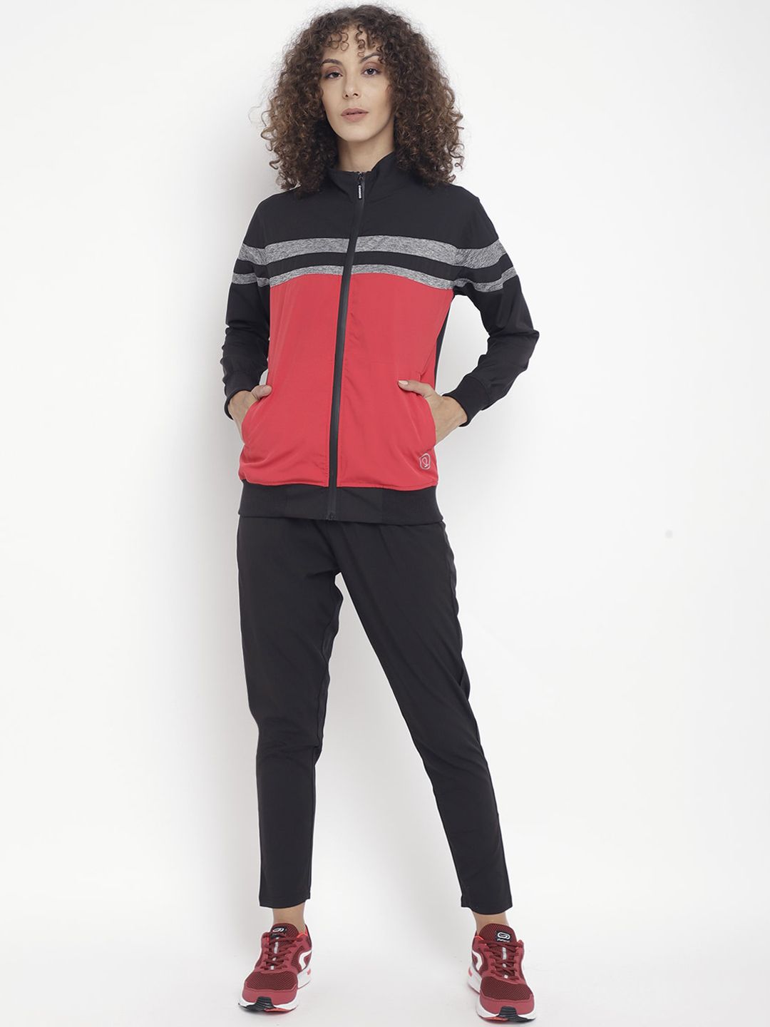 Chkokko Women Red & Black Colourblocked Tracksuit Price in India