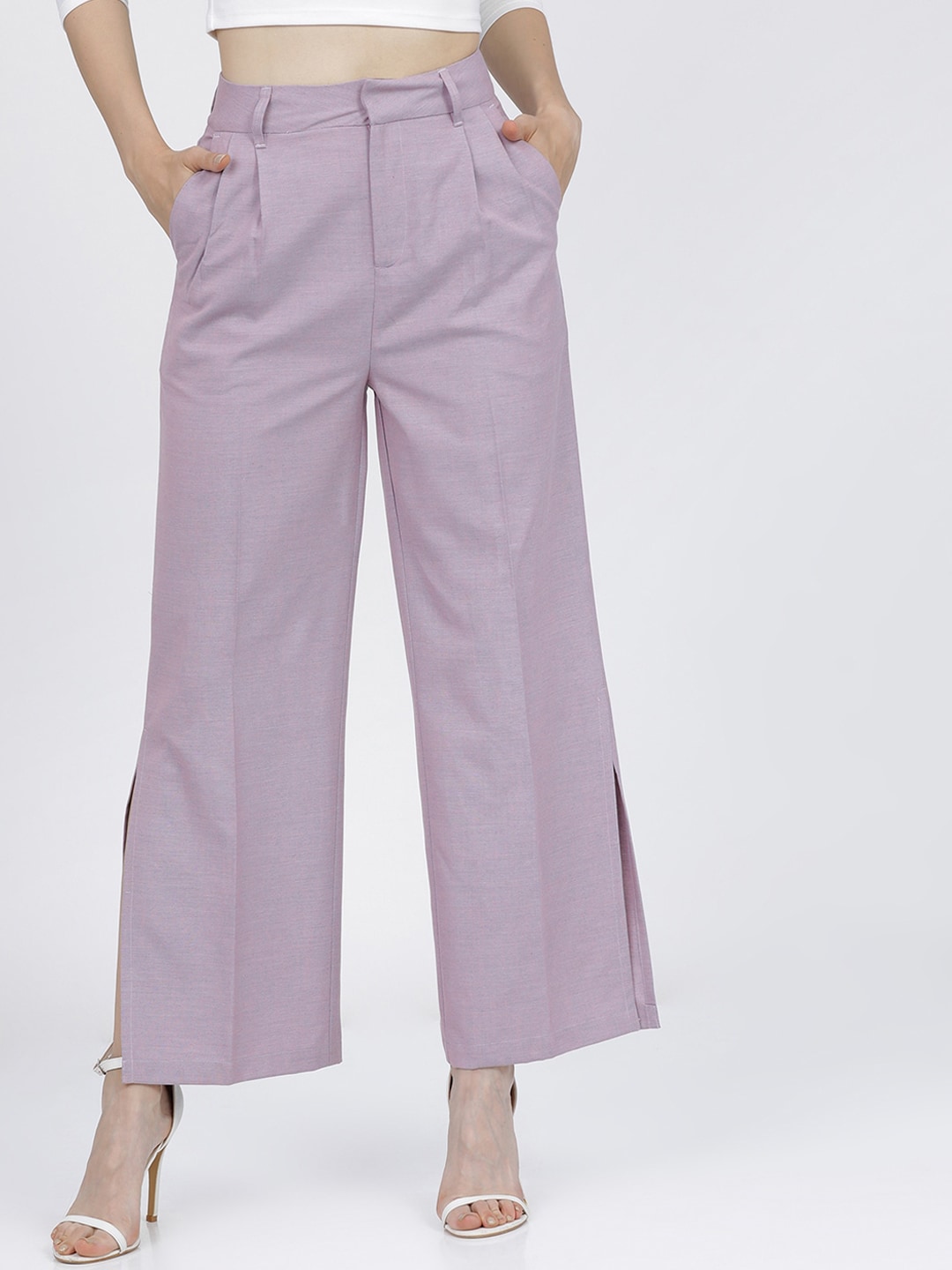 Tokyo Talkies Women Mauve Straight Fit Pleated Wide Leg Parallel Trousers Price in India