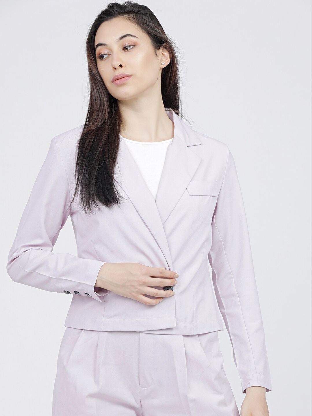 Tokyo Talkies Women Lavender Solid Double-Breasted Cropped Casual Blazer Price in India