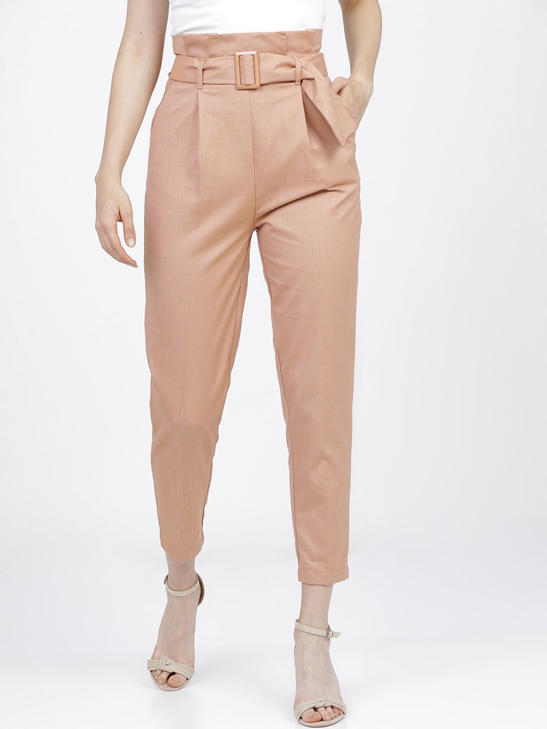 Tokyo Talkies Women Peach-Coloured Tapered Fit High-Rise Pleated Formal Trousers Price in India