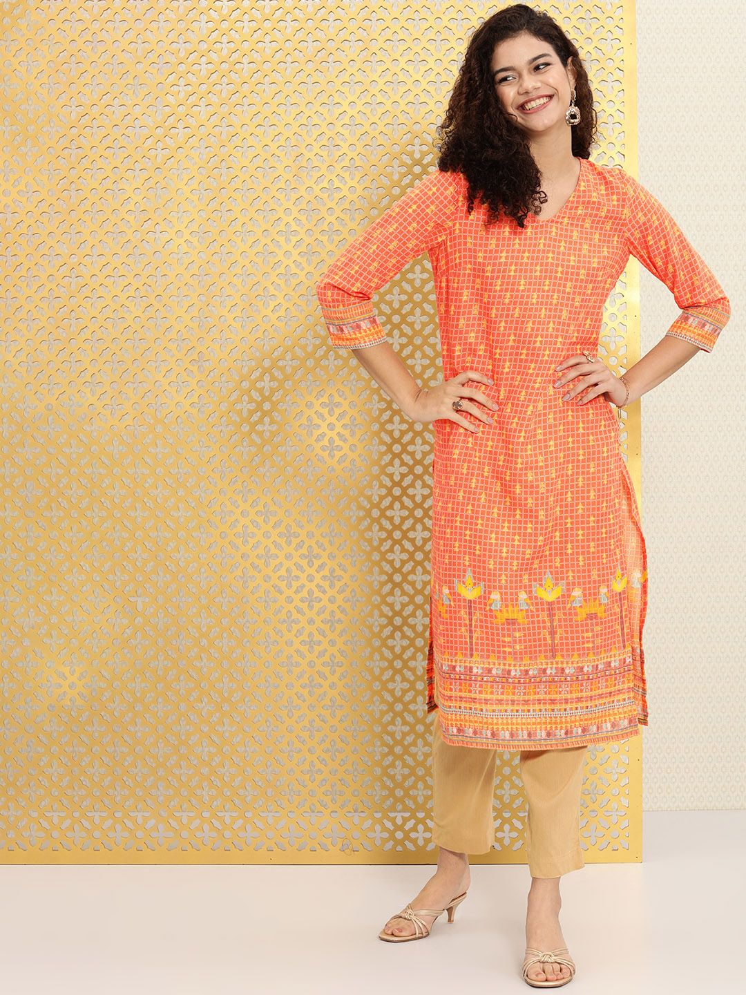 Ode by House of Pataudi Women Orange & White Printed Kurta Price in India