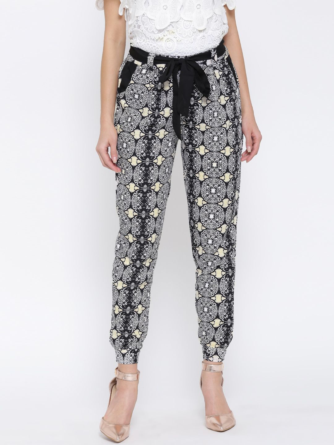 Sera Women Black & White Printed Pleated Trousers Price in India