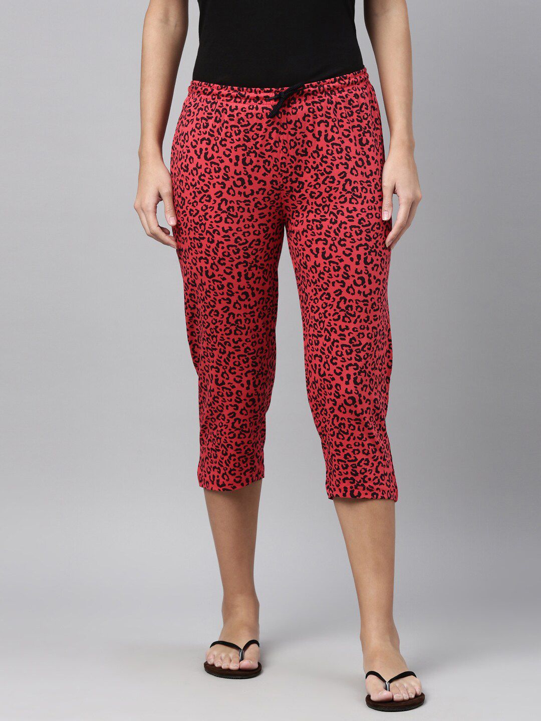 Kryptic Women Fuchsia & Black Printed Lounge Capris Price in India