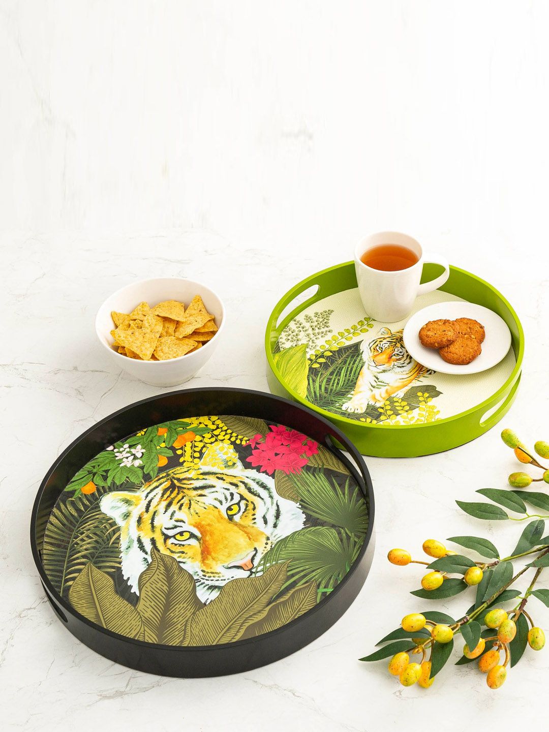 Home Centre Set of 2 Green & Black Printed Round Serving Trays Price in India