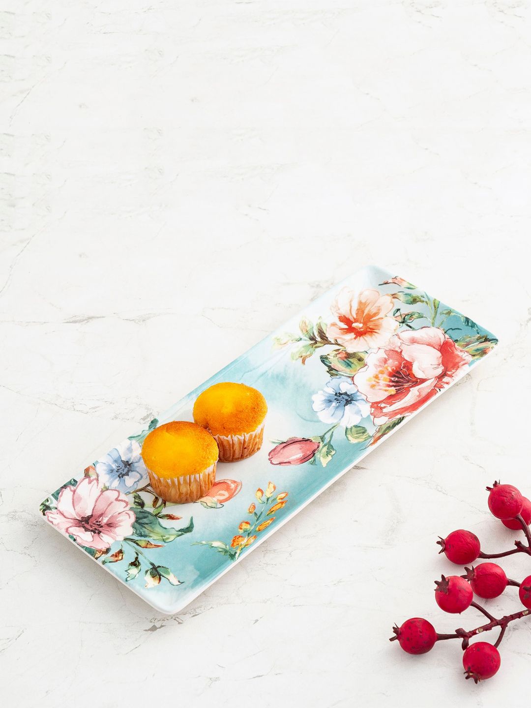 Home Centre Blue & Peach Floral Printed Stoneware Serving Tray Price in India