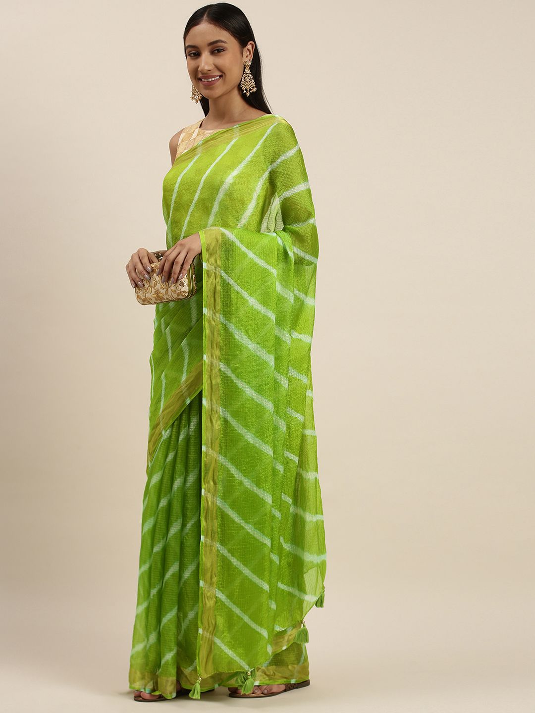 Mitera Green Leheriya Silk Blend Leheriya Saree Price in India