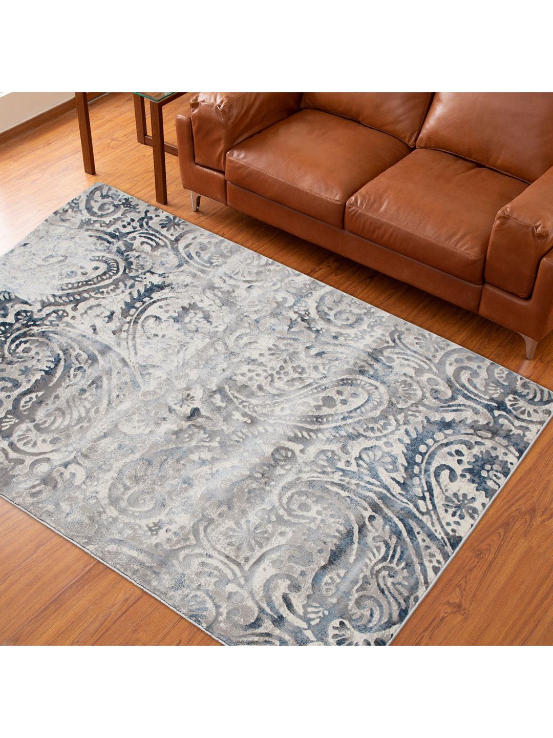 Home Centre Grey & White Jacquard Woven Rectangular Anti-Skid Carpet Price in India