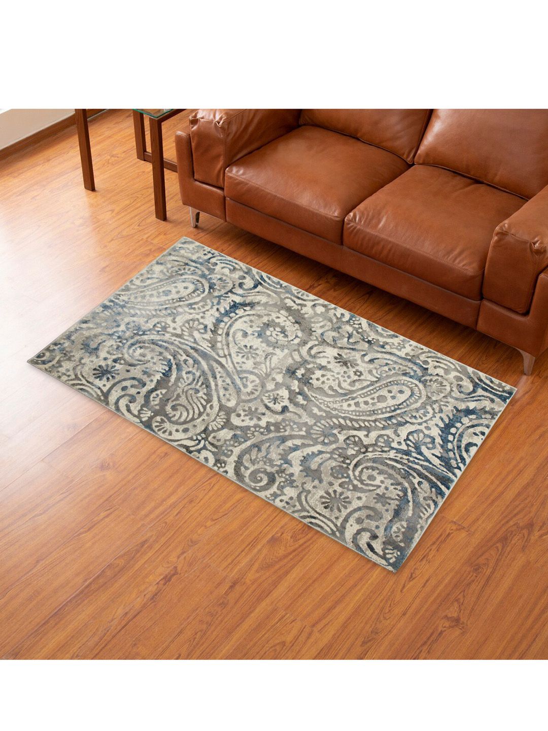 Home Centre Blue & Grey Paisley Jacquard Woven Rectangular Anti-Skid Carpet Price in India