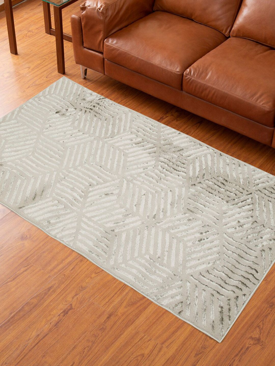 Home Centre Beige & White Jacquard Woven Rectangular Anti-Skid Carpet Price in India