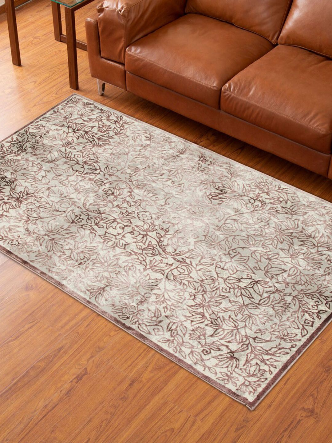 Home Centre Off White & Mauve-Coloured Jacquard Pattern Woven Rectangular Anti-Skid Carpet Price in India