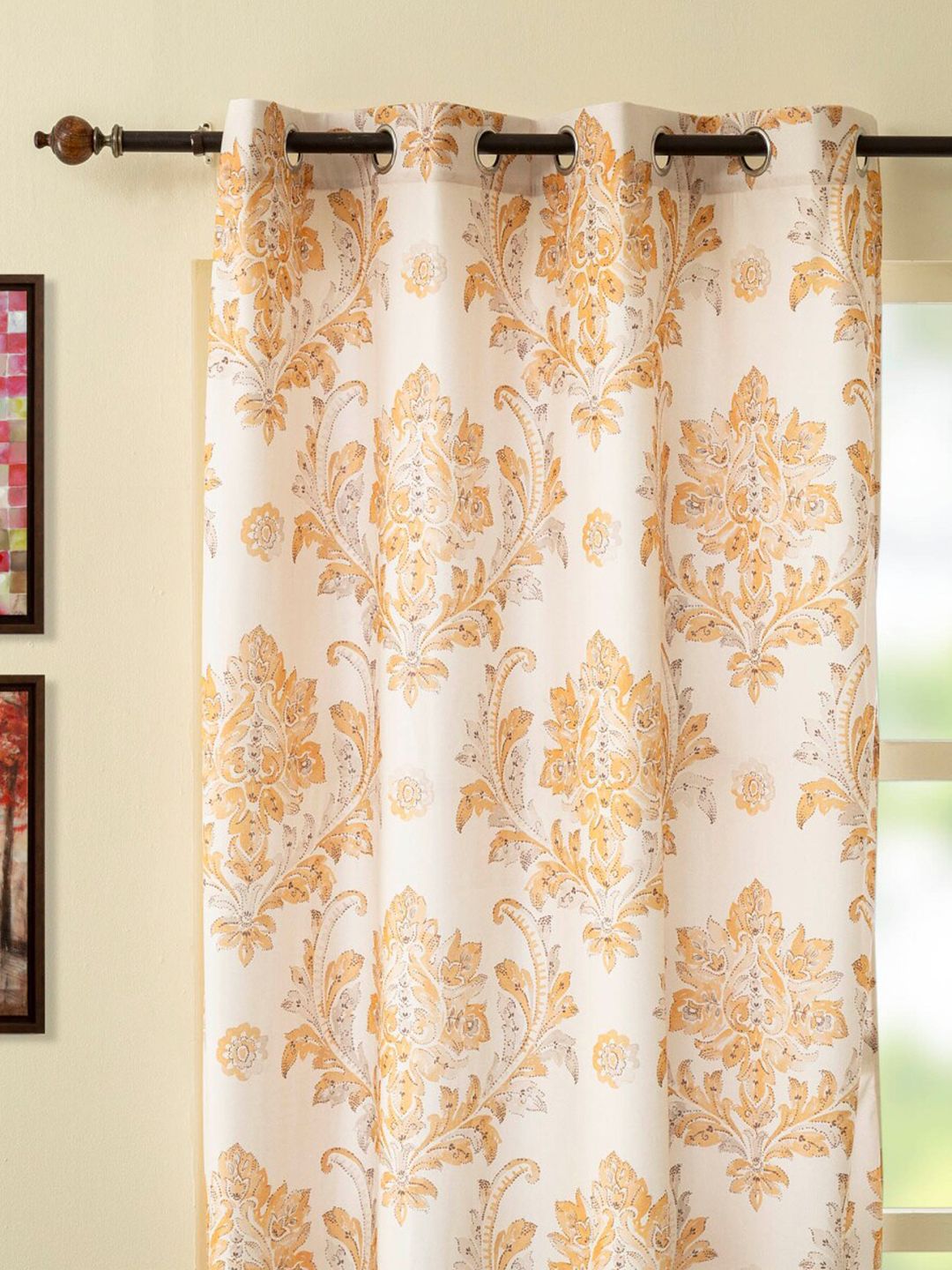 Home Centre White & Orange Floral Long Door Curtain Price in India