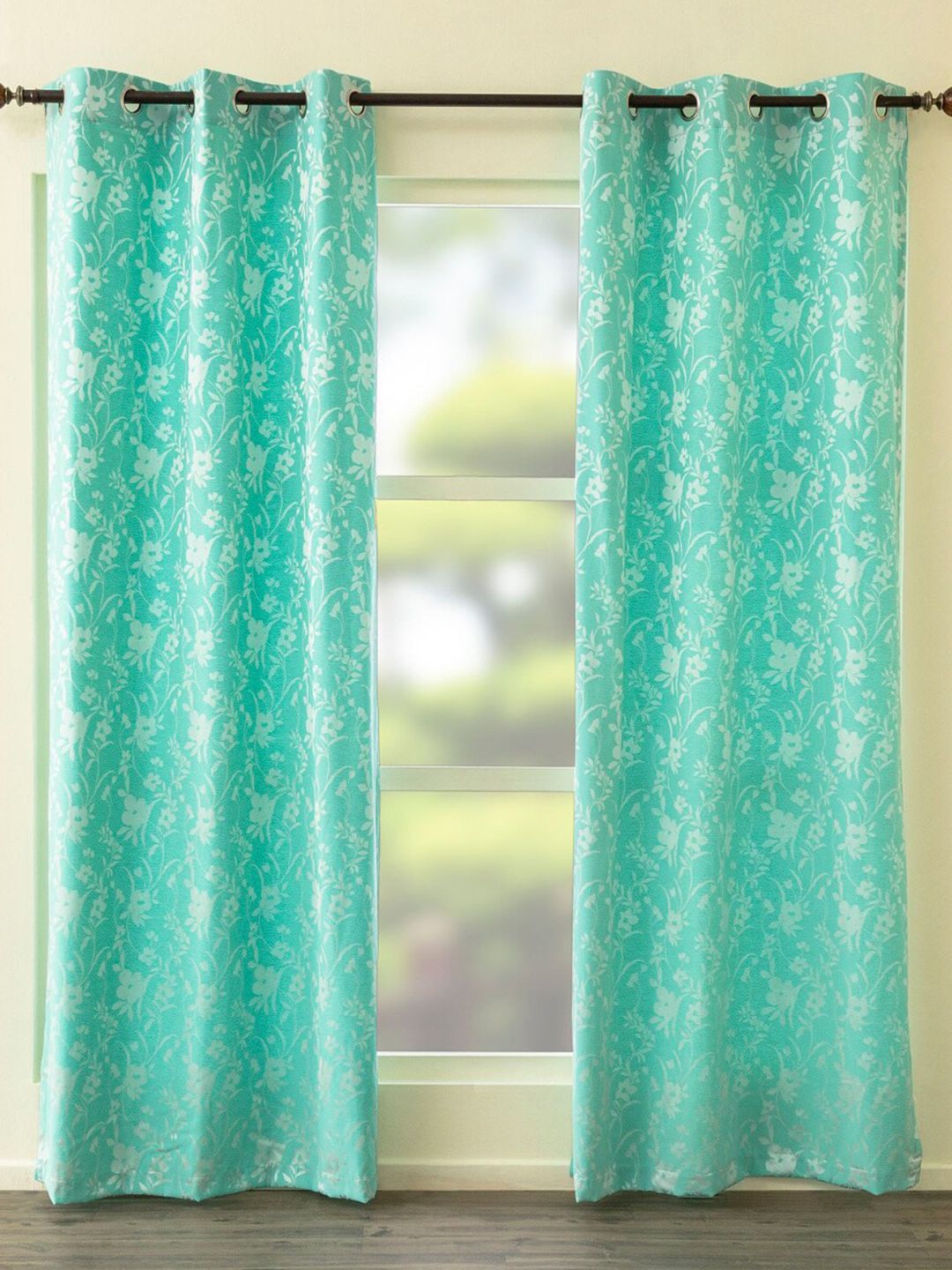 Home Centre Sea Green & White Set of 2 Floral Long Door Curtains Price in India