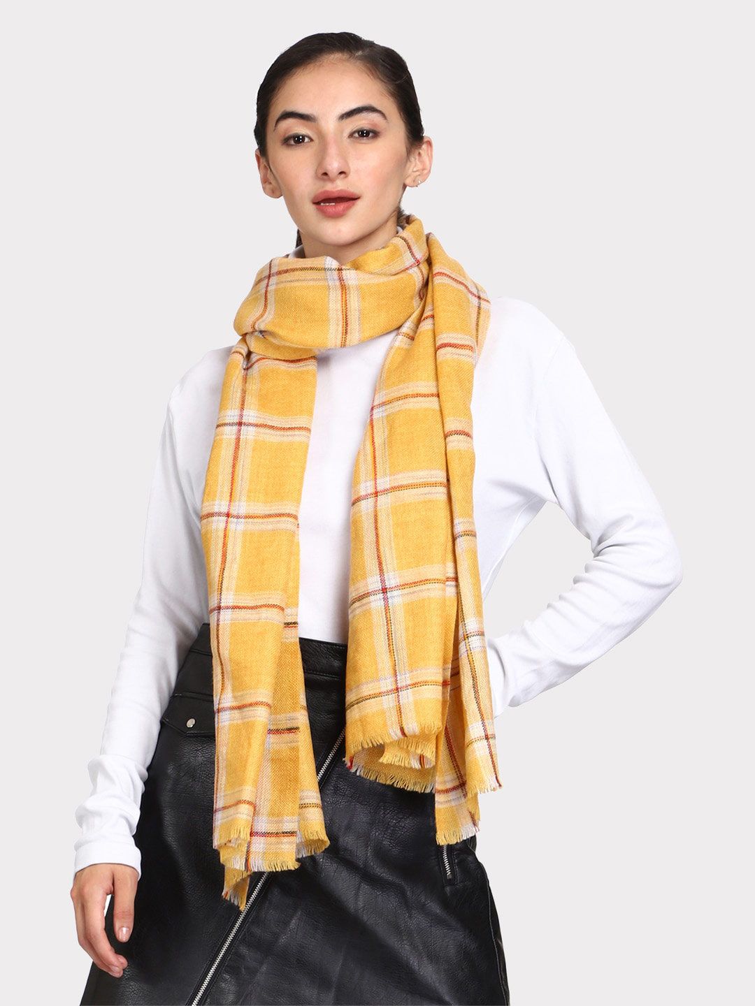 WEAVERS VILLA Women Yellow & Brown Checked Stole Price in India