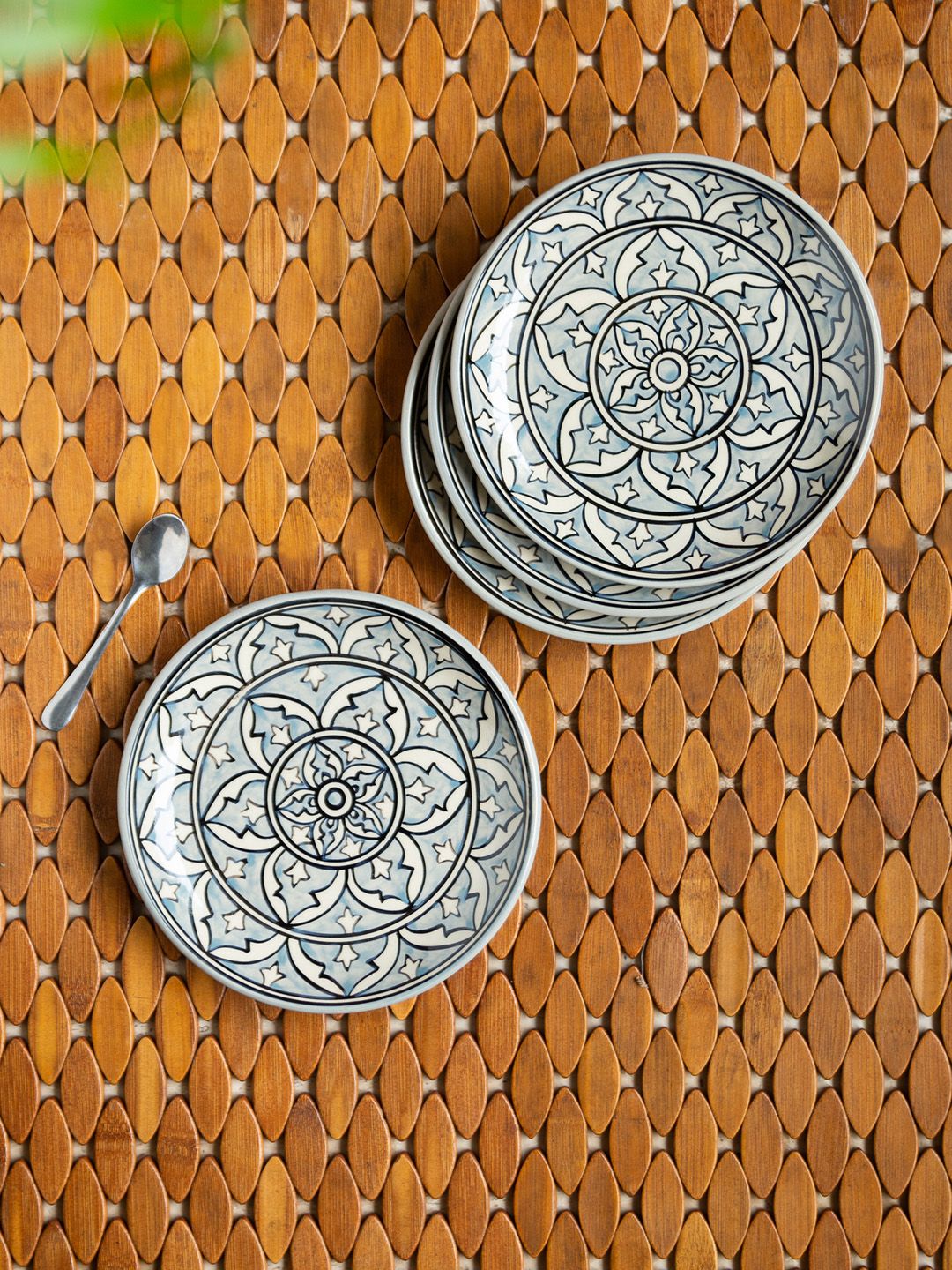 ExclusiveLane Grey & Black Set of 4 Hand Painted Printed Ceramic Quarter Plates Price in India