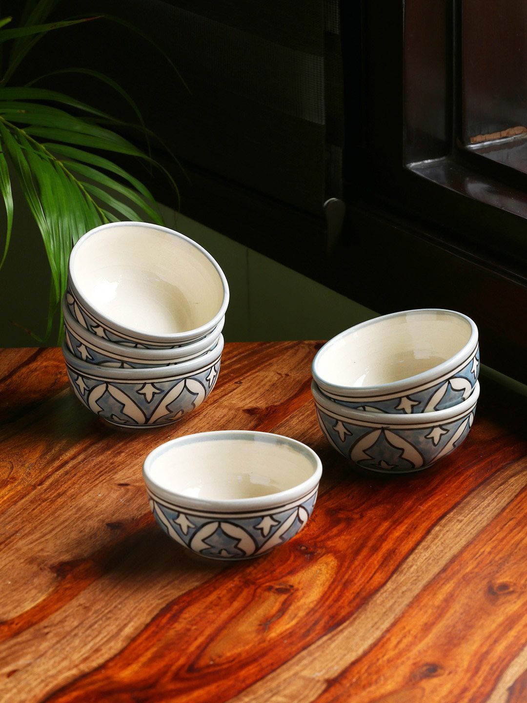 ExclusiveLane Grey & Black Set of 6 Hand Painted Printed Ceramic Glossy Bowls Price in India