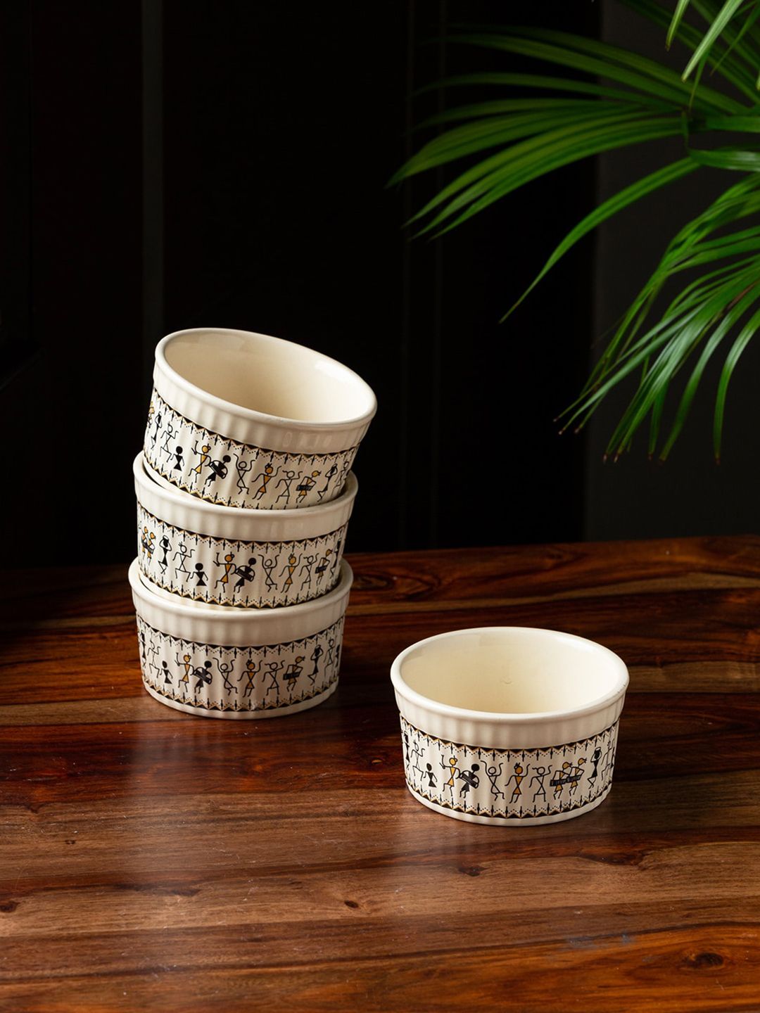 ExclusiveLane White & Black Set of 4 Warli Printed Ceramic Dinner Bowls Price in India