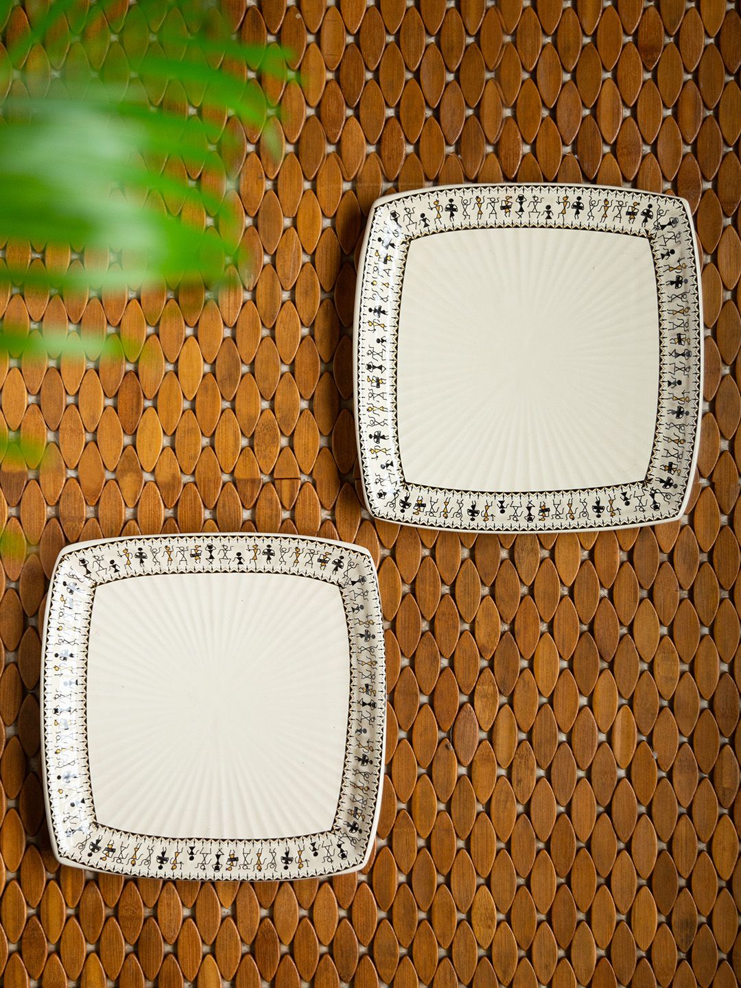 ExclusiveLane White & Black Set of 2 Handcrafted Printed Ceramic Dinner Plates Price in India