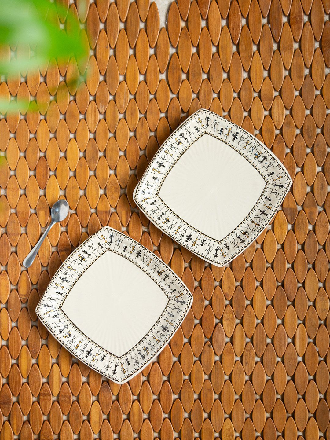 ExclusiveLane White & Yellow Set of 2 Warli Printed Ceramic Quarter Plates Price in India