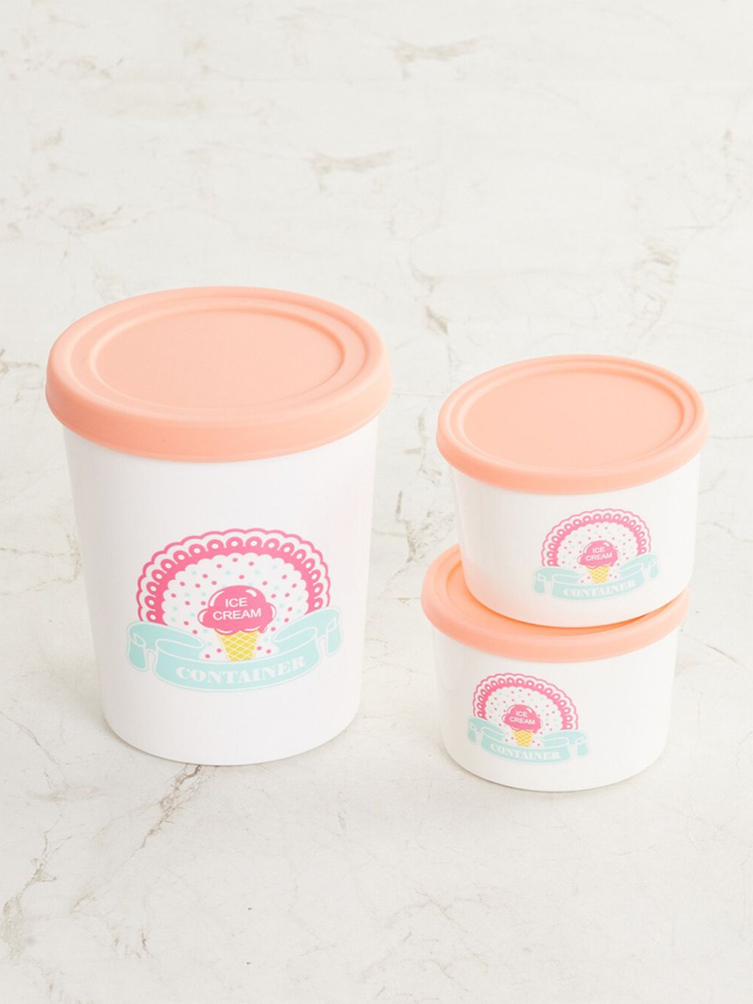 Home Centre Set Of 3 White & Peach-Colored Printed Polypropylene  Food Container Price in India