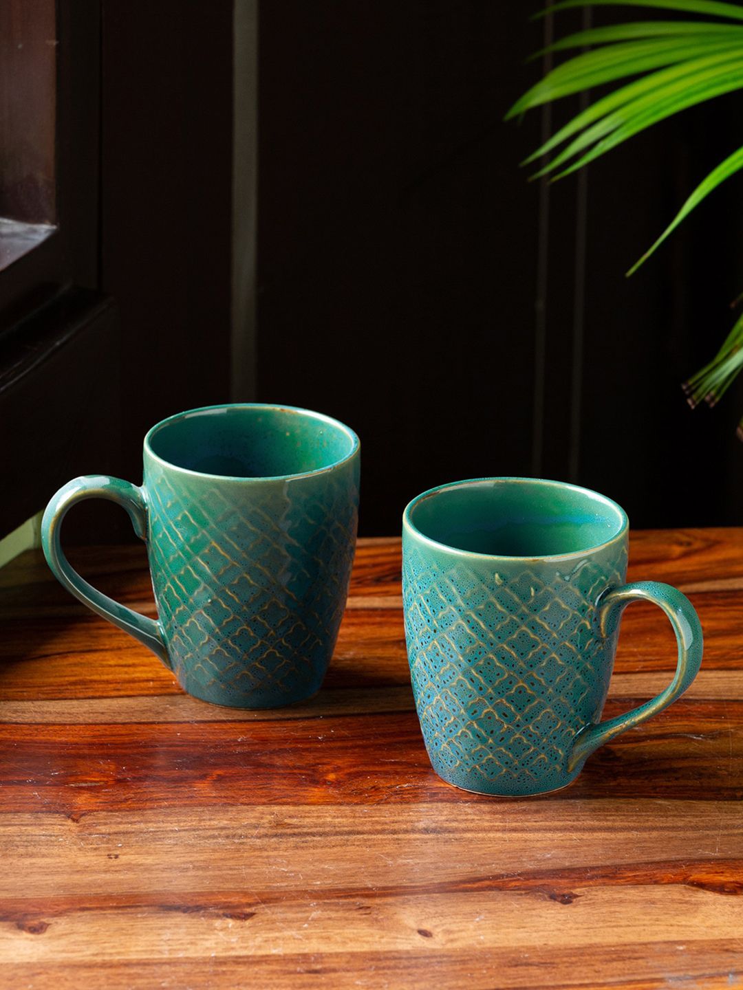 ExclusiveLane Set Of 2 Turquoise Blue & Yellow Handcrafted Printed Glossy Coffee Mugs Price in India
