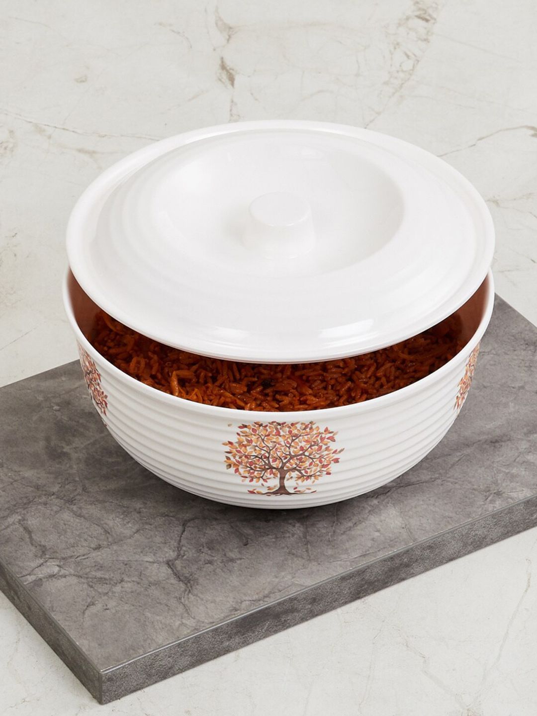 Home Centre White & Orange Printed Meadows Madora Glossy Serving Bowl Price in India
