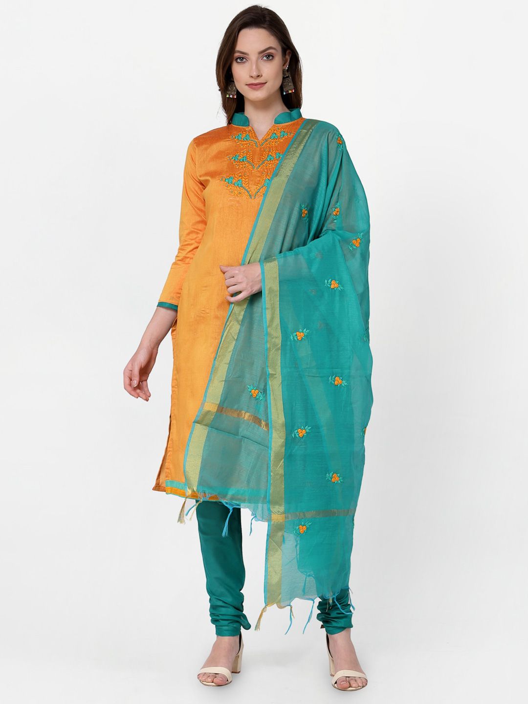 RAJGRANTH Green & Gold-Toned Embroidered Unstitched Dress Material Price in India