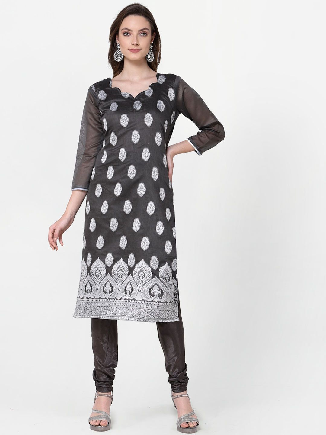 RAJGRANTH Black & Silver-Toned Printed Jute Cotton Unstitched Dress Material Price in India