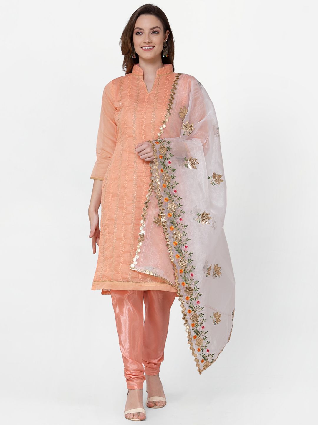 RAJGRANTH Orange & Gold-Toned Embroidered Unstitched Dress Material Price in India