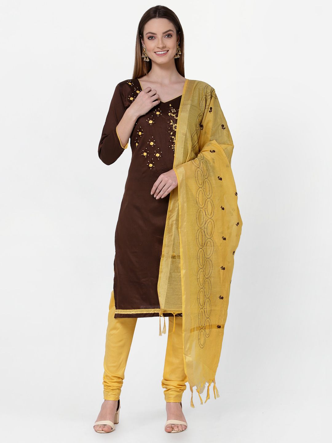 RAJGRANTH Brown & Yellow Embroidered Unstitched Dress Material Price in India