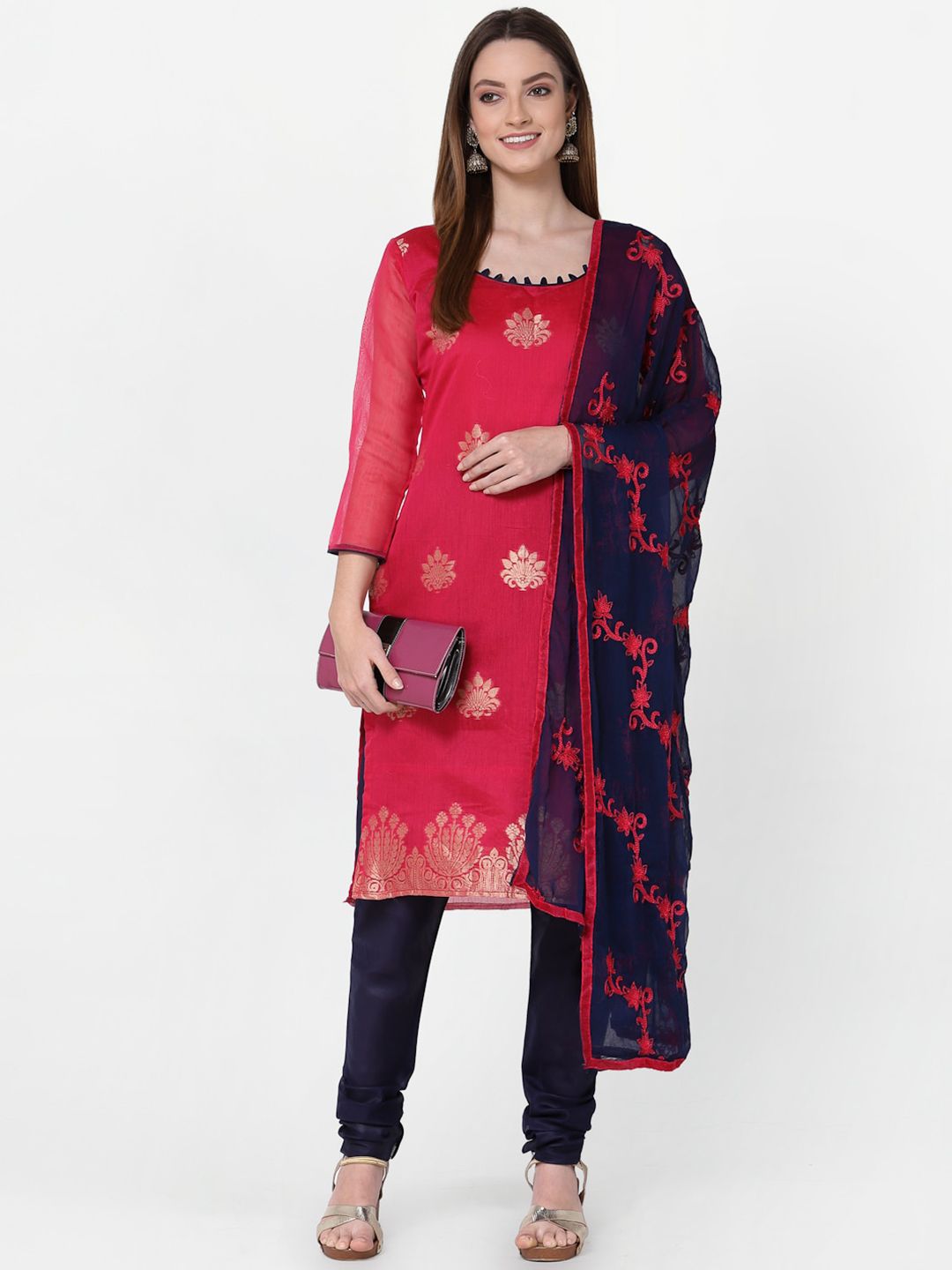 RAJGRANTH Pink & Navy Blue Unstitched Dress Material Price in India