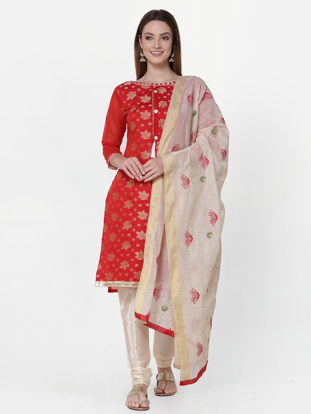 RAJGRANTH Red & Cream-Coloured Printed Unstitched Dress Material Price in India