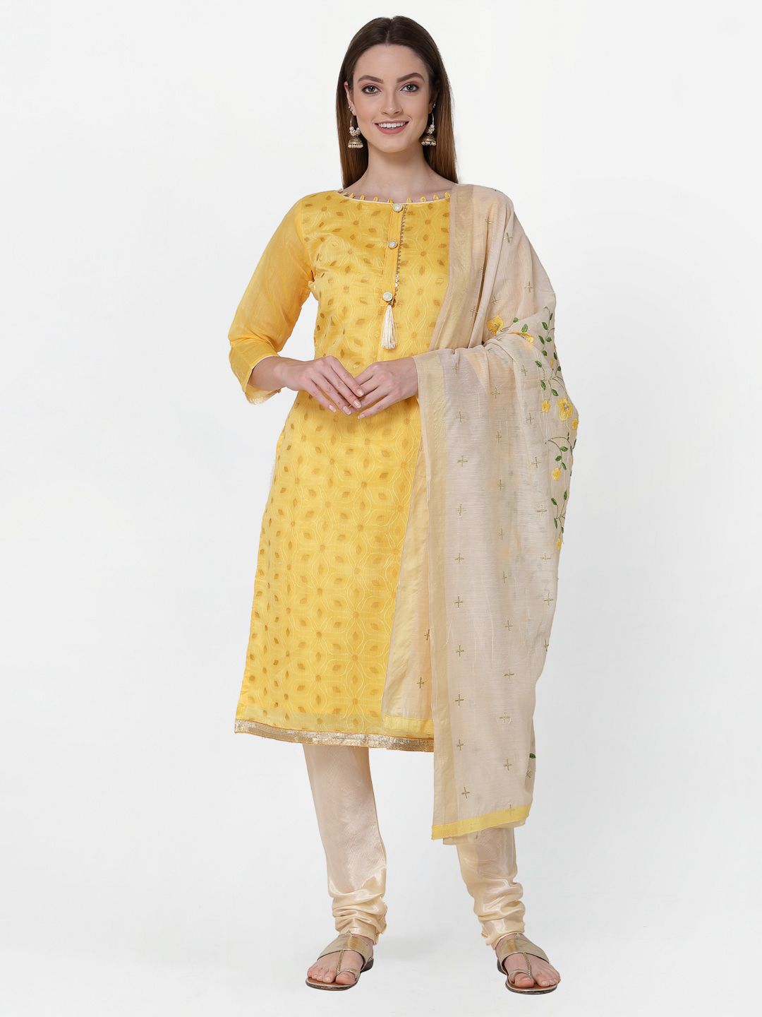 RAJGRANTH Yellow & Beige Printed Unstitched Dress Material Price in India